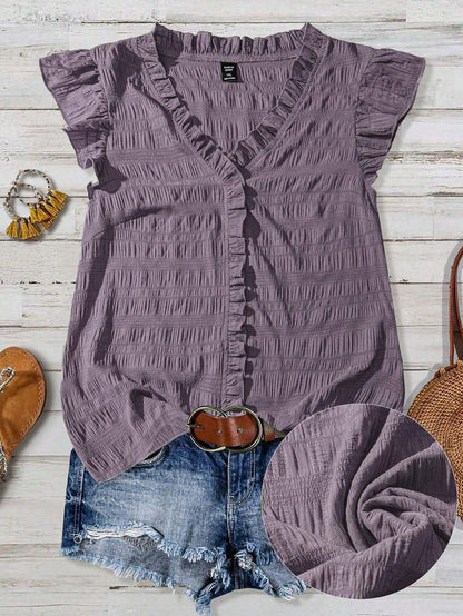 Linhara Plus Size Women's Solid Color Textured V-Neck Ruffle Trim Petal Sleeve Fitted Casual Regular Blouse
