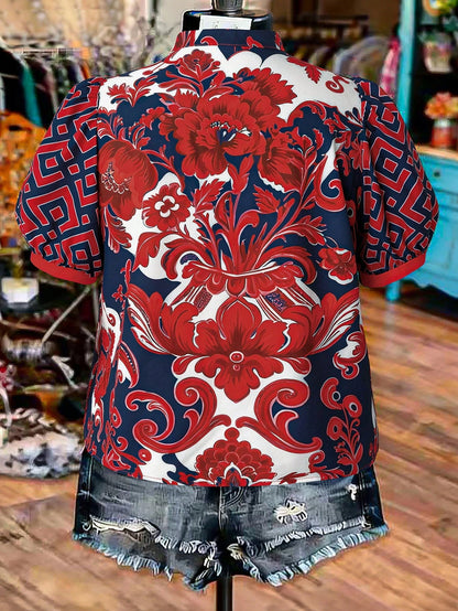 Linhara Plus Size Women's Vacation Puff Sleeve V-Neck Casual Boho Holiday Print Blouse, Spring Summer Vintage Top, Navy Blue