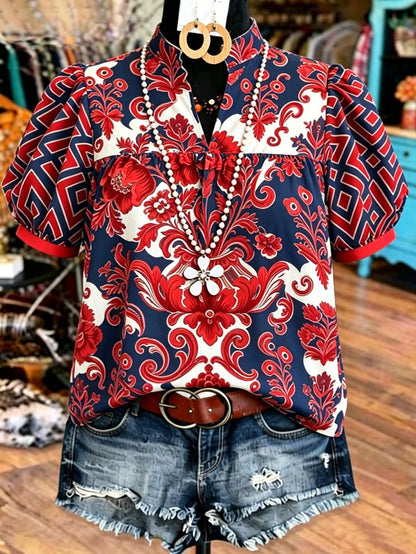 Linhara Plus Size Women's Vacation Puff Sleeve V-Neck Casual Boho Holiday Print Blouse, Spring Summer Vintage Top, Navy Blue