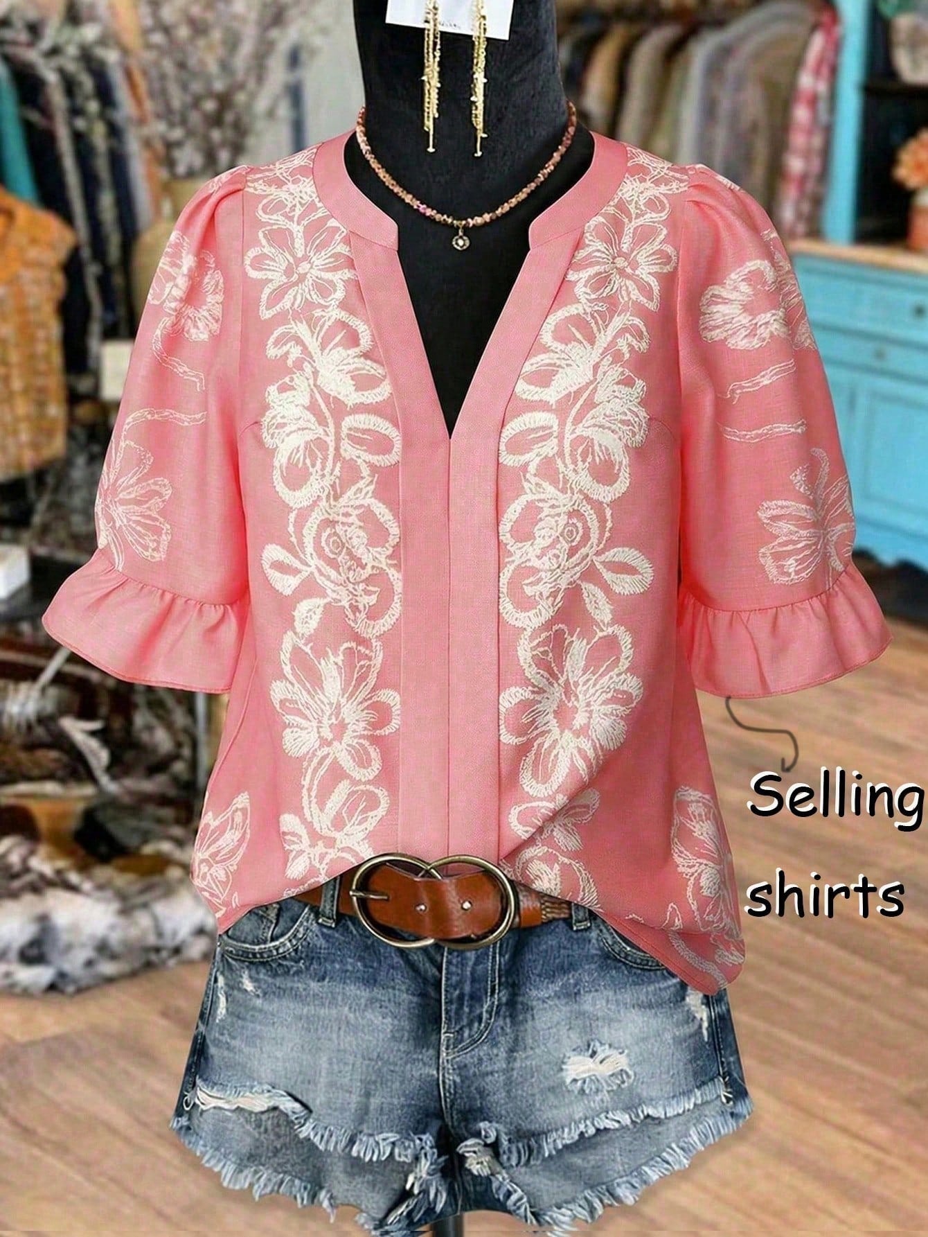 Linhara Plus Size Women V-Neck Pink Embroidered Floral Print Puff Sleeve Ruffle Hem Blouse,Summer Boho Holiday Vacation Tops,Elegant Vintage Western
