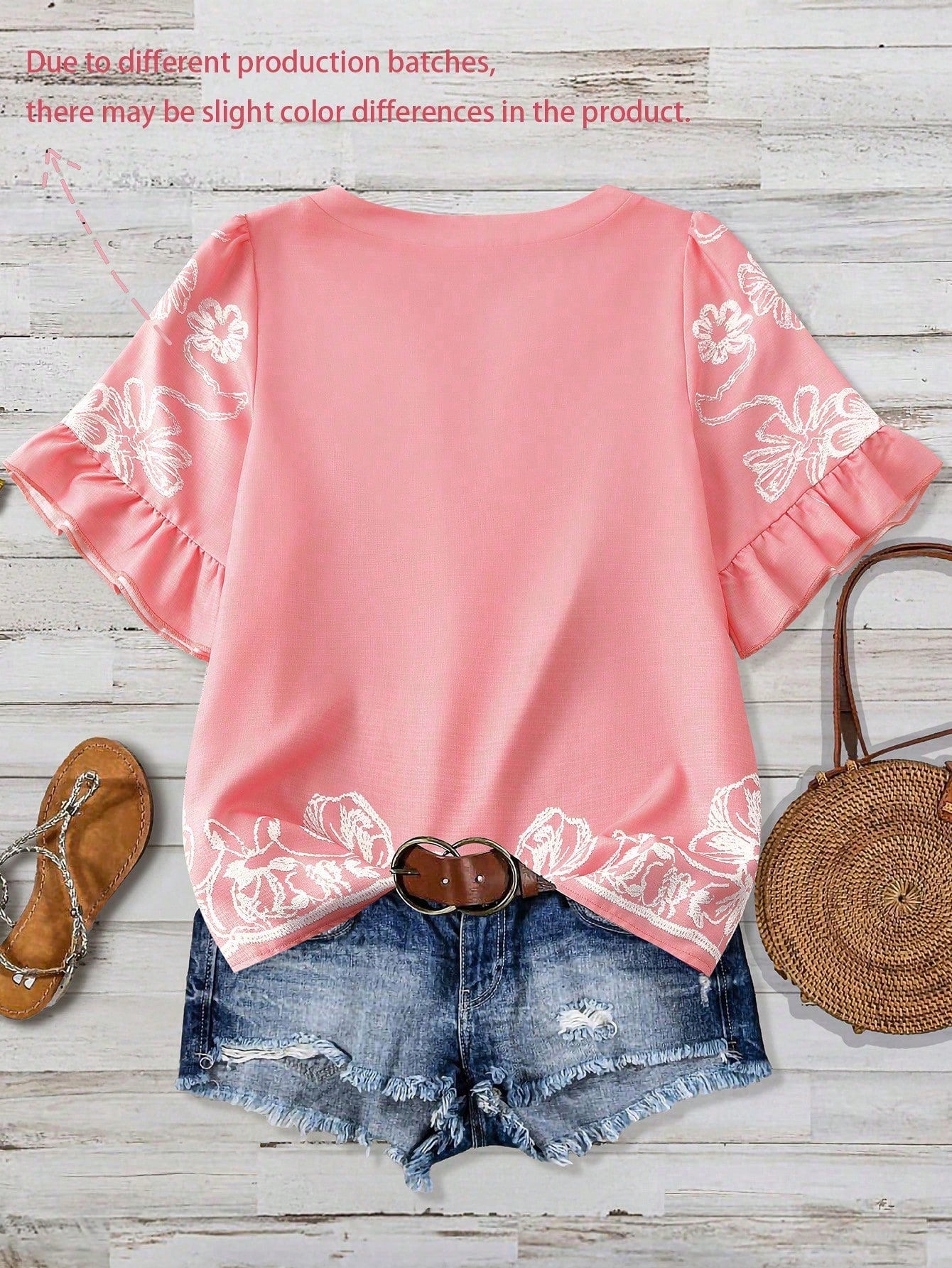 Linhara Plus Size Women V-Neck Pink Embroidered Floral Print Puff Sleeve Ruffle Hem Blouse,Summer Boho Holiday Vacation Tops,Elegant Vintage Western