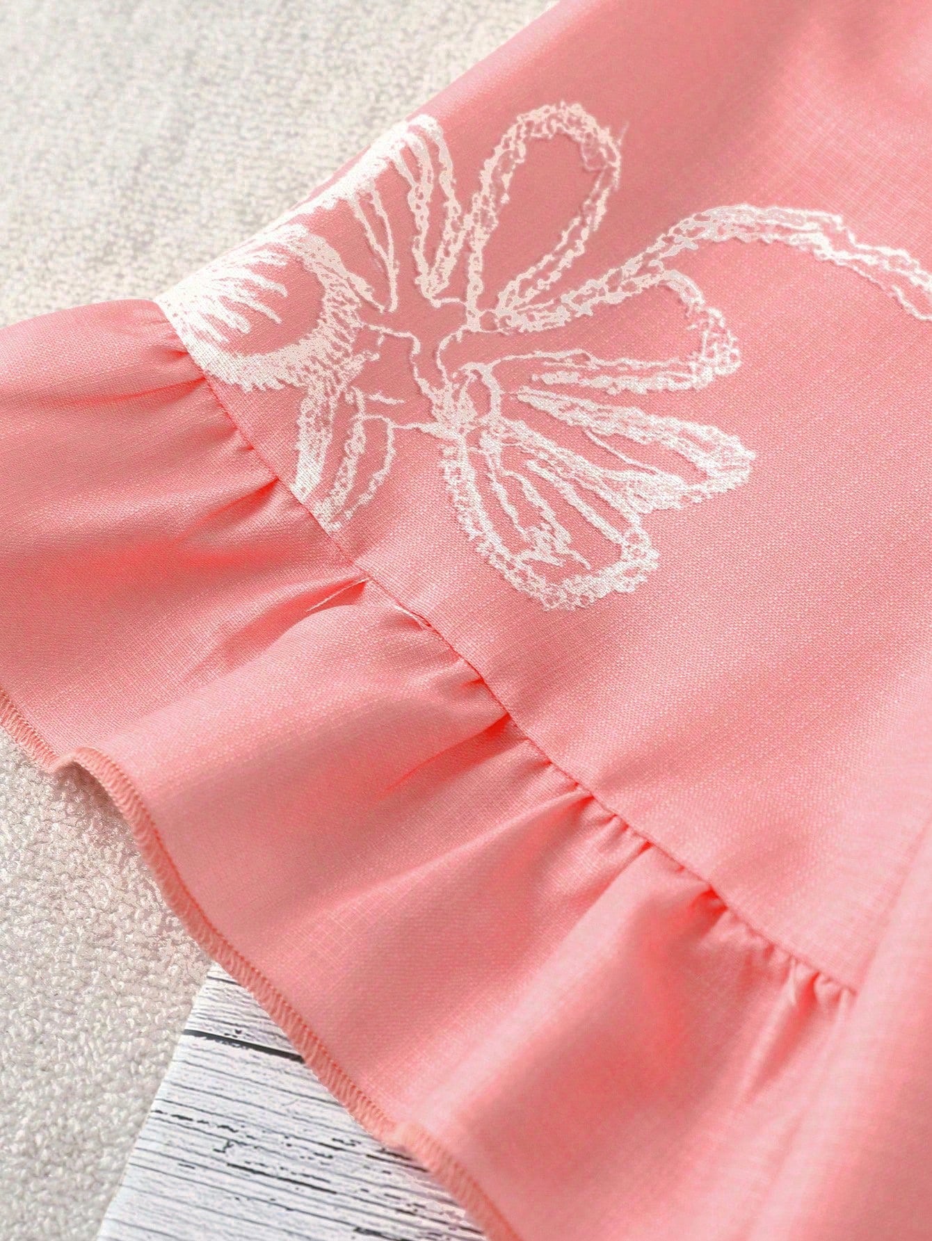 Linhara Plus Size Women V-Neck Pink Embroidered Floral Print Puff Sleeve Ruffle Hem Blouse,Summer Boho Holiday Vacation Tops,Elegant Vintage Western