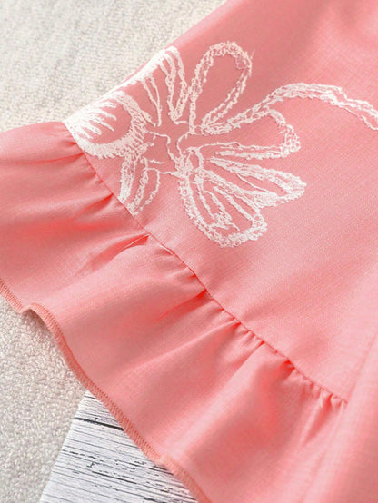 Linhara Plus Size Women V-Neck Pink Embroidered Floral Print Puff Sleeve Ruffle Hem Blouse,Summer Boho Holiday Vacation Tops,Elegant Vintage Western