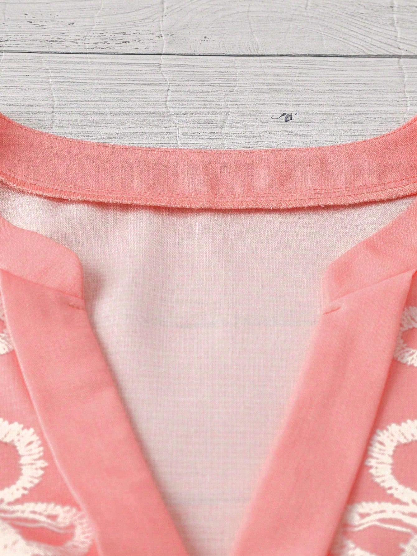 Linhara Plus Size Women V-Neck Pink Embroidered Floral Print Puff Sleeve Ruffle Hem Blouse,Summer Boho Holiday Vacation Tops,Elegant Vintage Western
