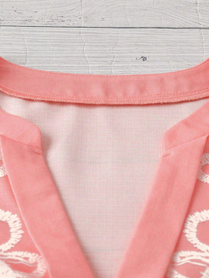 Linhara Plus Size Women V-Neck Pink Embroidered Floral Print Puff Sleeve Ruffle Hem Blouse,Summer Boho Holiday Vacation Tops,Elegant Vintage Western