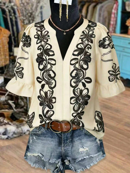 Linhara Plus Size Women V-Neck Pink Embroidered Floral Print Puff Sleeve Ruffle Hem Blouse,Summer Boho Holiday Vacation Tops,Elegant Vintage Western