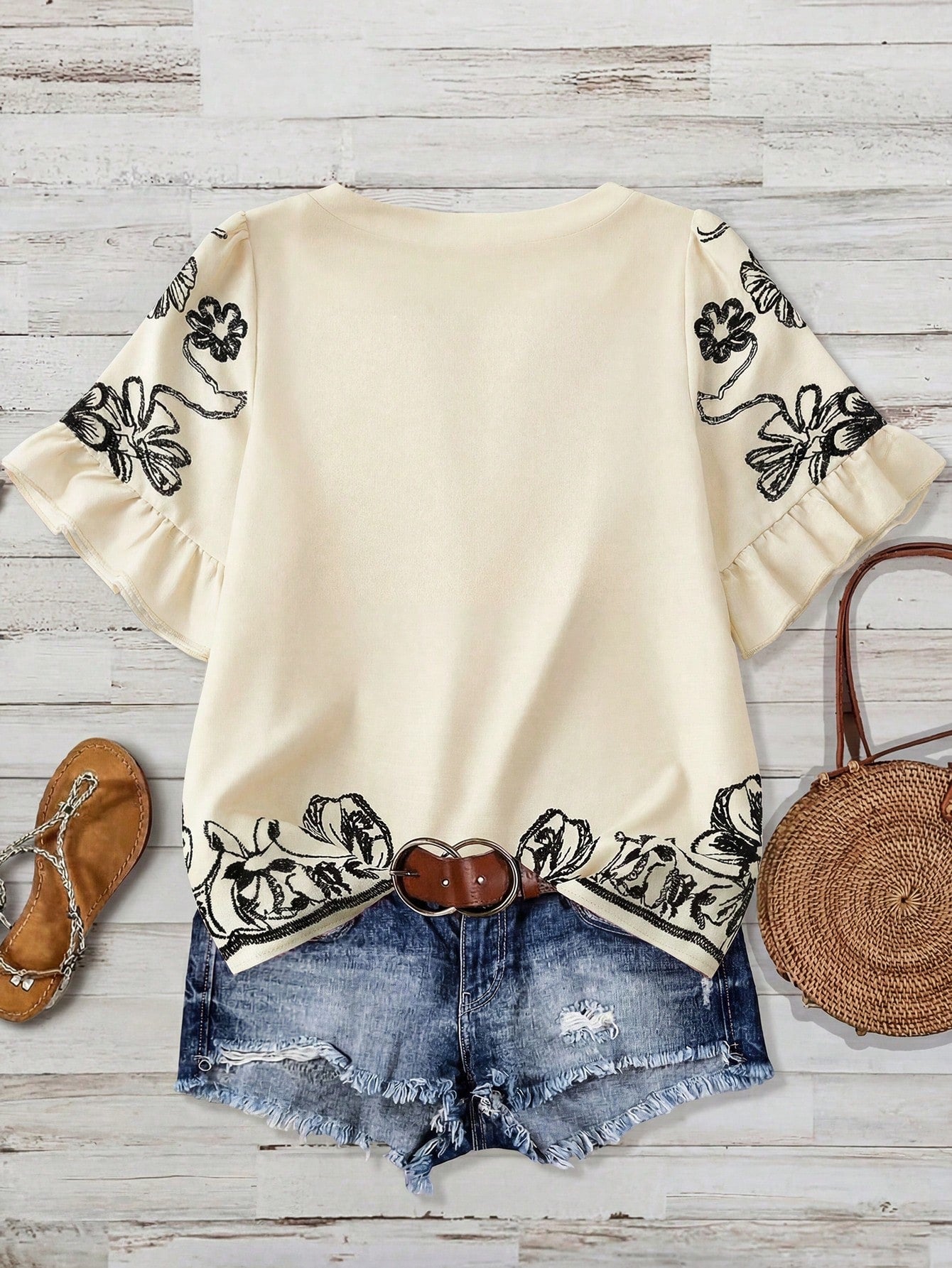 Linhara Plus Size Women V-Neck Pink Embroidered Floral Print Puff Sleeve Ruffle Hem Blouse,Summer Boho Holiday Vacation Tops,Elegant Vintage Western