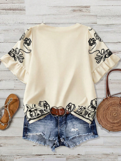 Linhara Plus Size Women V-Neck Pink Embroidered Floral Print Puff Sleeve Ruffle Hem Blouse,Summer Boho Holiday Vacation Tops,Elegant Vintage Western