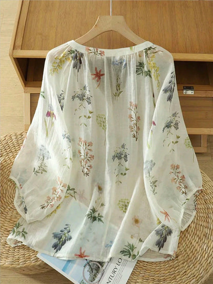 Linhara Vintage V-Neck Lantern Sleeve Loose Casual Plus Size Women Blouse
