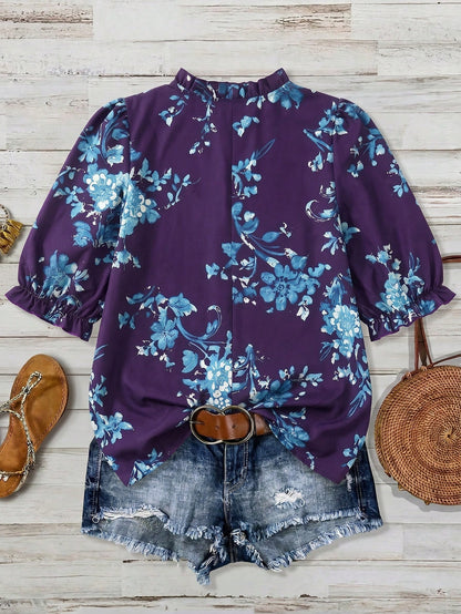 Linhara Women's Elegant Casual Commuting Linen Print Loose Short Sleeve Blouse Fall