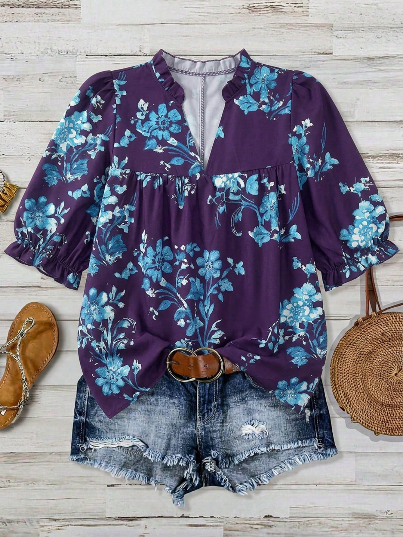 Linhara Women's Elegant Casual Commuting Linen Print Loose Short Sleeve Blouse Fall