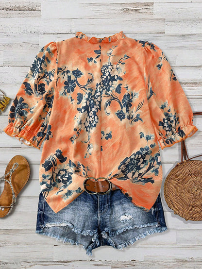 Linhara Women's Elegant Casual Commuting Linen Print Loose Short Sleeve Blouse Fall