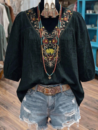 Linhara Women's Embroidered Casual Vacation Versatile Loose Fit Five-Sleeve Blouse Fall