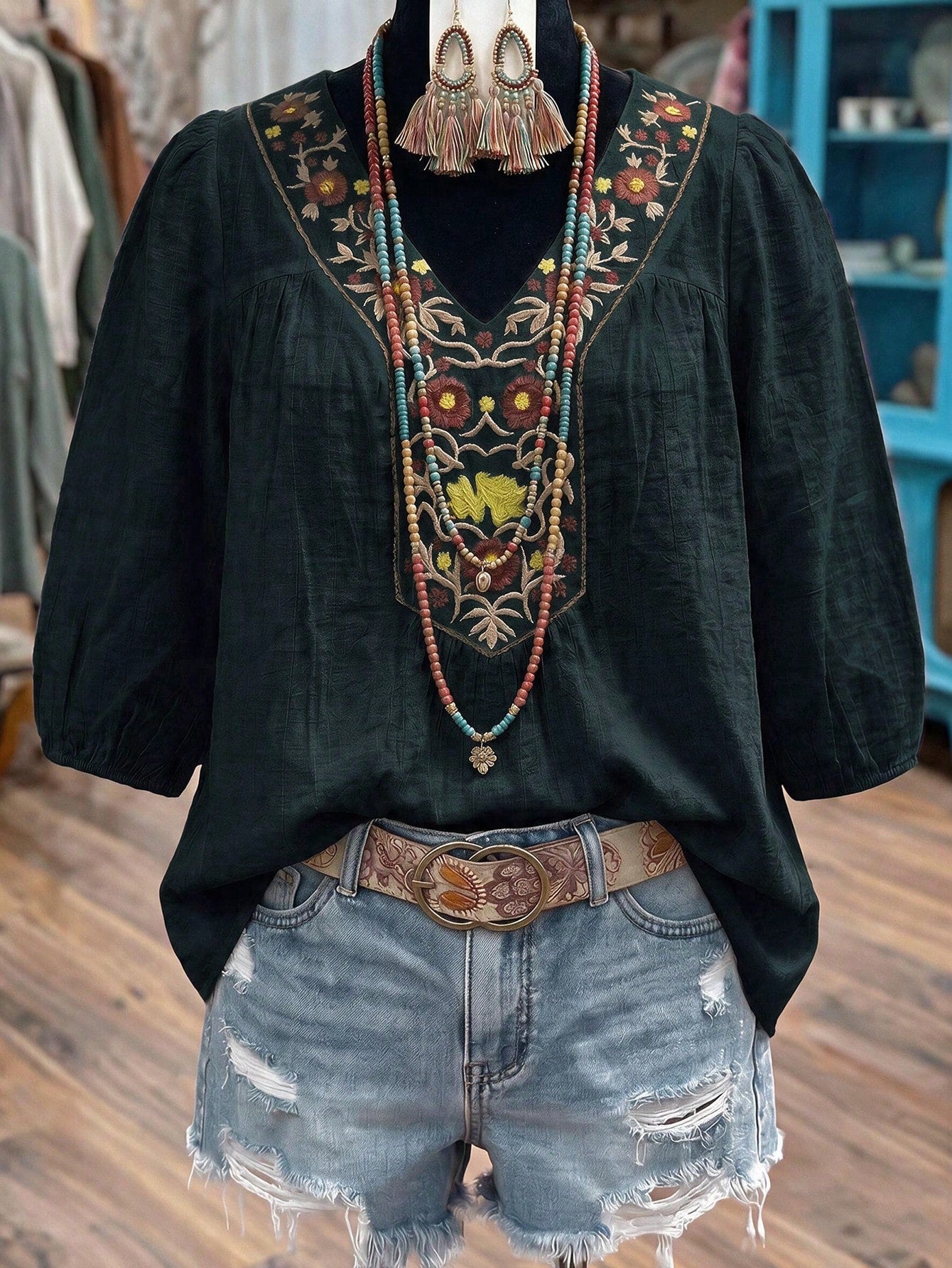 Linhara Women's Embroidered Casual Vacation Versatile Loose Fit Five-Sleeve Blouse Fall