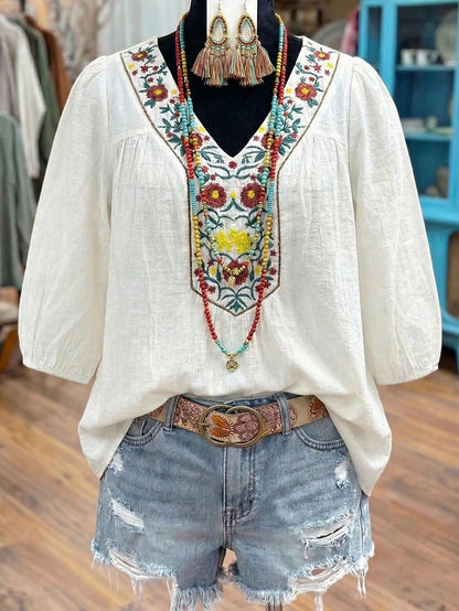Linhara Women's Embroidered Casual Vacation Versatile Loose Fit Five-Sleeve Blouse Fall