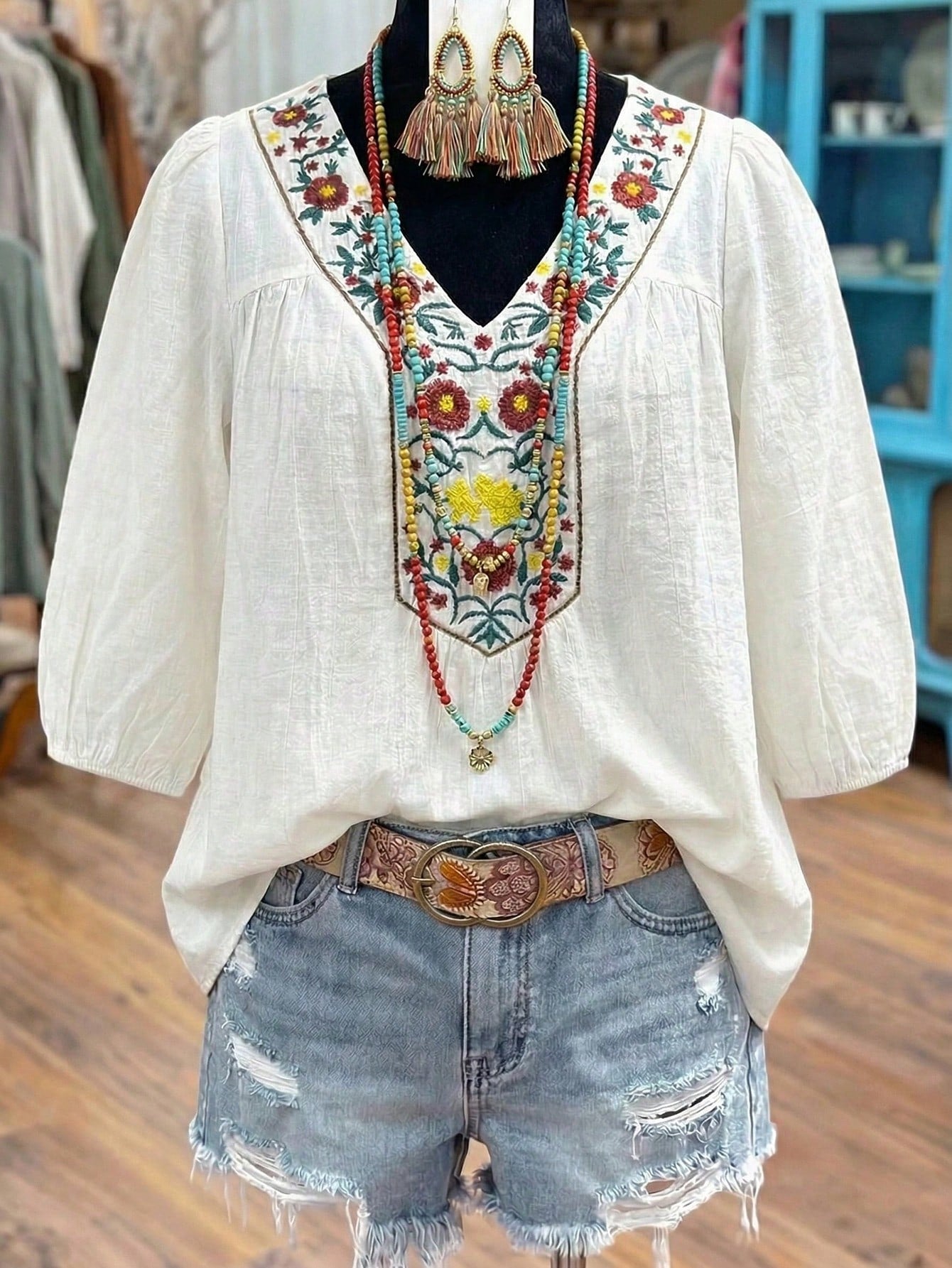 Linhara Women's Embroidered Casual Vacation Versatile Loose Fit Five-Sleeve Blouse Fall