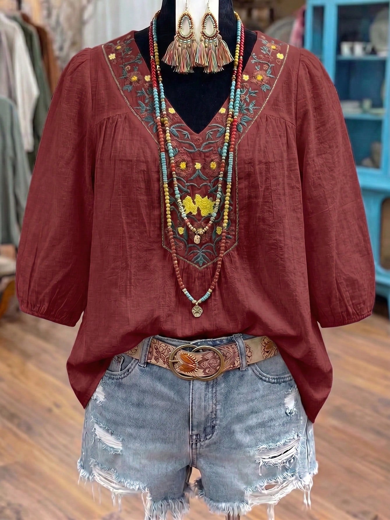 Linhara Women's Embroidered Casual Vacation Versatile Loose Fit Five-Sleeve Blouse Fall