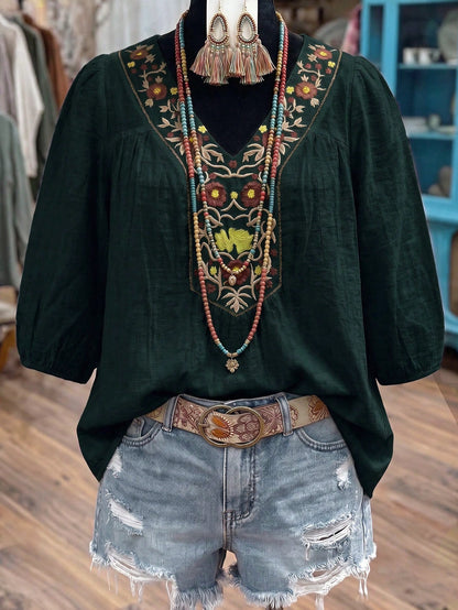 Linhara Women's Embroidered Casual Vacation Versatile Loose Fit Five-Sleeve Blouse Fall