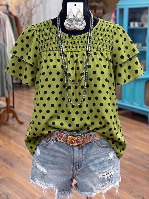 Linhara Women's Polka Dot Printed Round Neck Double-Sleeve Short-Sleeve Casual Shirt, Summer Vacation Women'