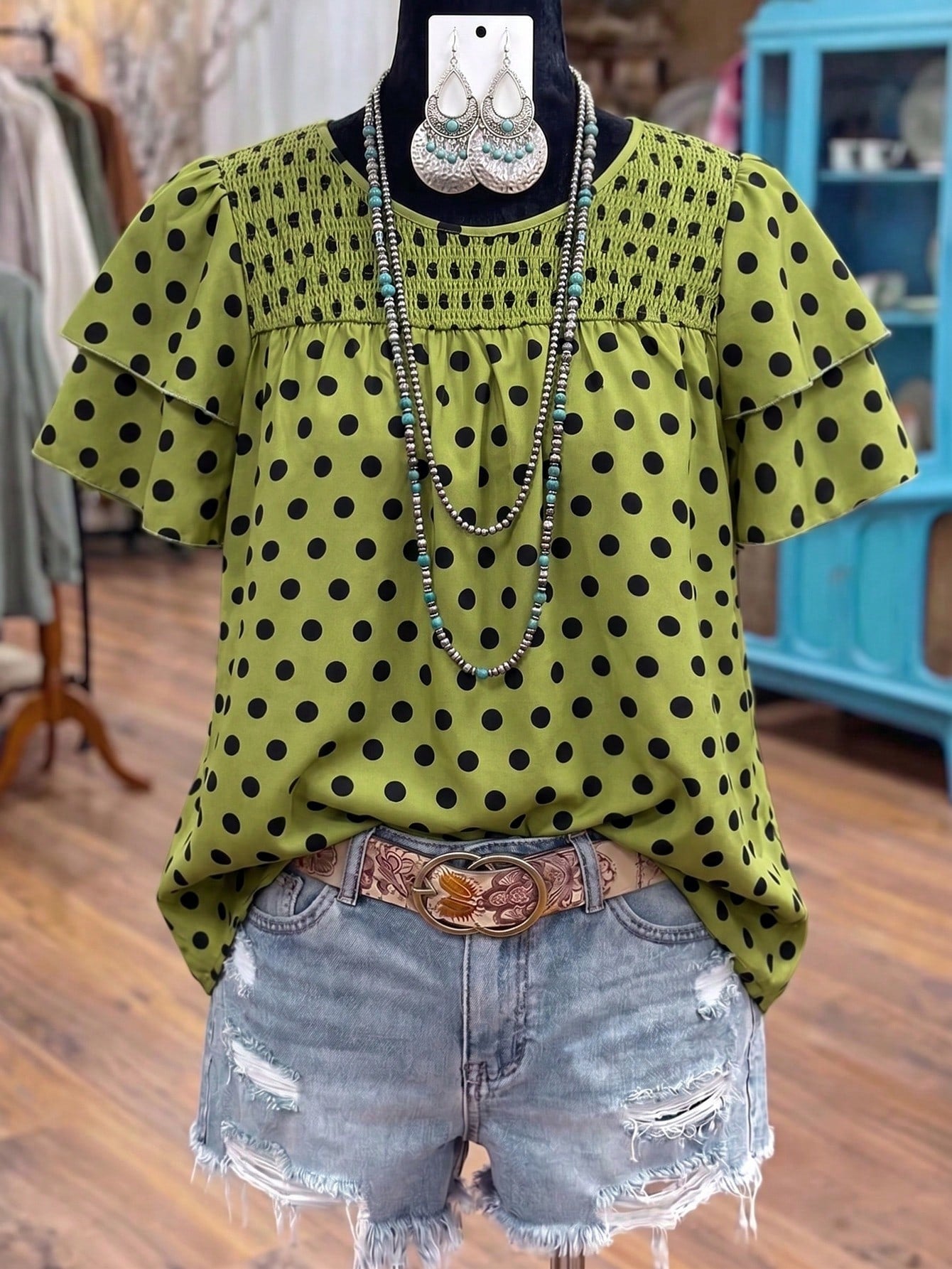 Linhara Women's Polka Dot Printed Round Neck Double-Sleeve Short-Sleeve Casual Shirt, Summer Vacation Women'