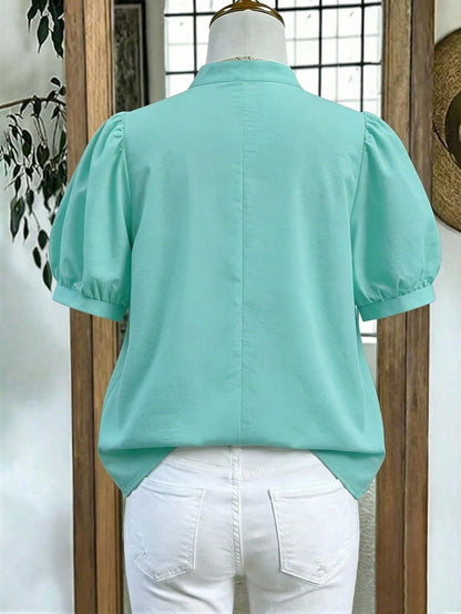 Linhara Women's Spring/Summer Stand Collar Puff Sleeve Elegant Short Sleeve Blouse, Suitable For Dates, Commuting, Hanging Out With Friends