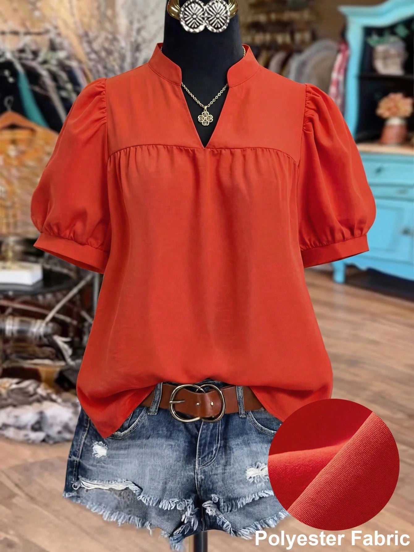 Linhara Women's Spring/Summer Stand Collar Puff Sleeve Elegant Short Sleeve Blouse, Suitable For Dates, Commuting, Hanging Out With Friends