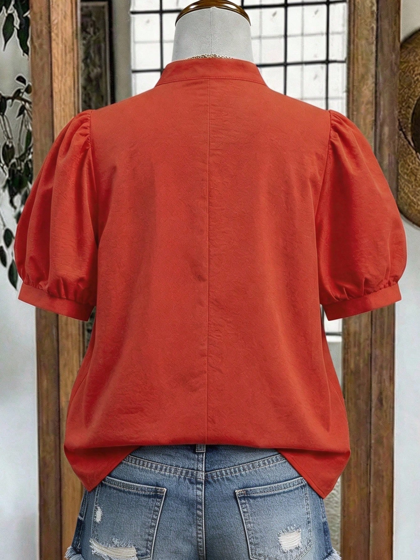 Linhara Women's Spring/Summer Stand Collar Puff Sleeve Elegant Short Sleeve Blouse, Suitable For Dates, Commuting, Hanging Out With Friends