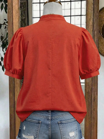 Linhara Women's Spring/Summer Stand Collar Puff Sleeve Elegant Short Sleeve Blouse, Suitable For Dates, Commuting, Hanging Out With Friends