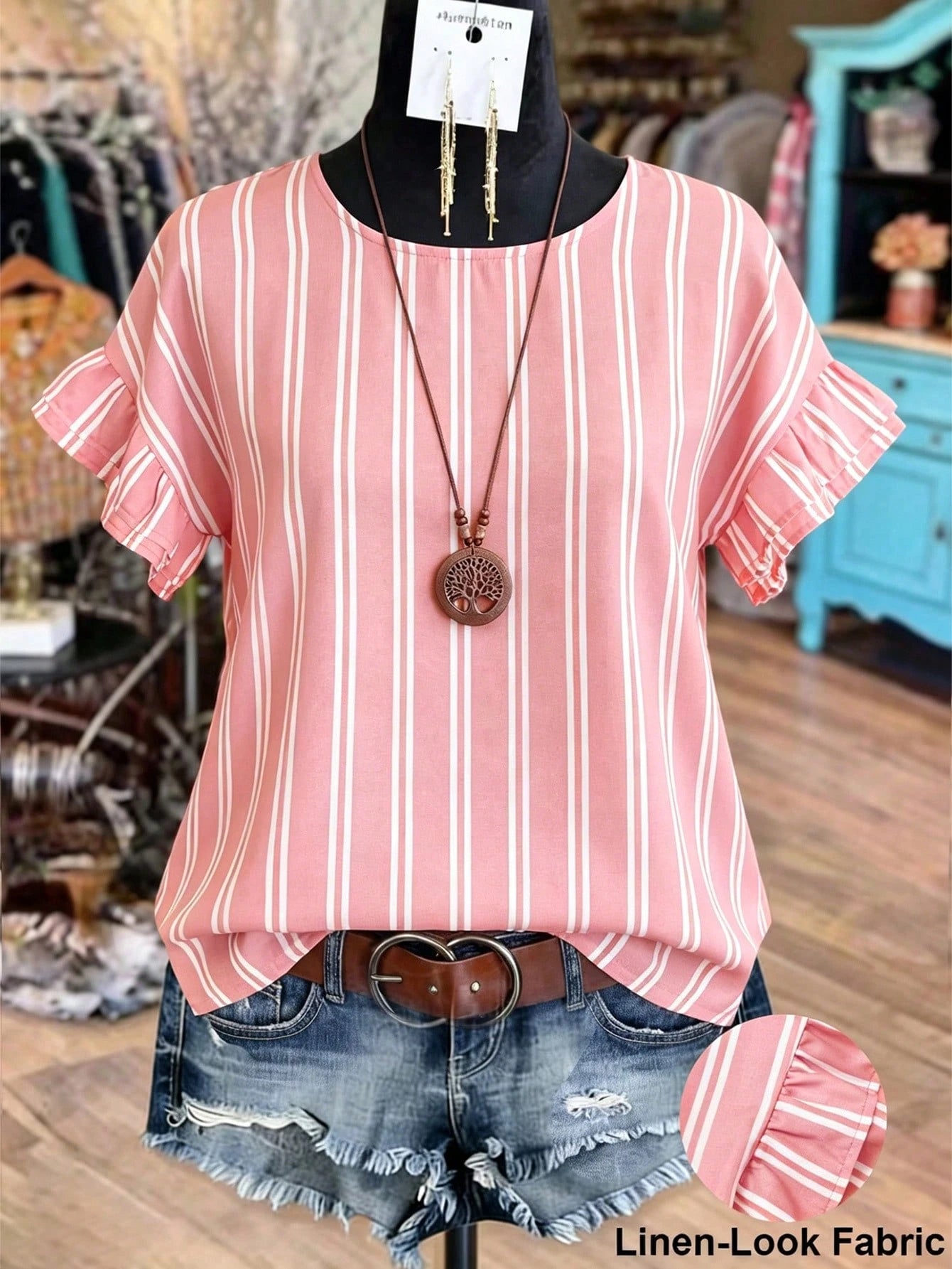 Linhara Women's Summer Striped Round Neck Ruffle Sleeve Retro Casual Blouse, Suitable For Weekend Shopping, Cafe Visits, Commuting To Work, Daily Wear