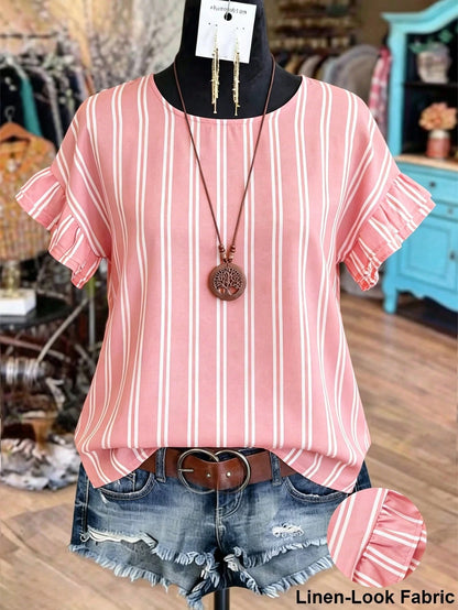 Linhara Women's Summer Striped Round Neck Ruffle Sleeve Retro Casual Blouse, Suitable For Weekend Shopping, Cafe Visits, Commuting To Work, Daily Wear