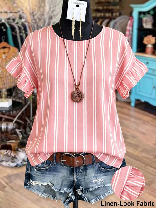 Linhara Women's Summer Striped Round Neck Ruffle Sleeve Retro Casual Blouse, Suitable For Weekend Shopping, Cafe Visits, Commuting To Work, Daily Wear