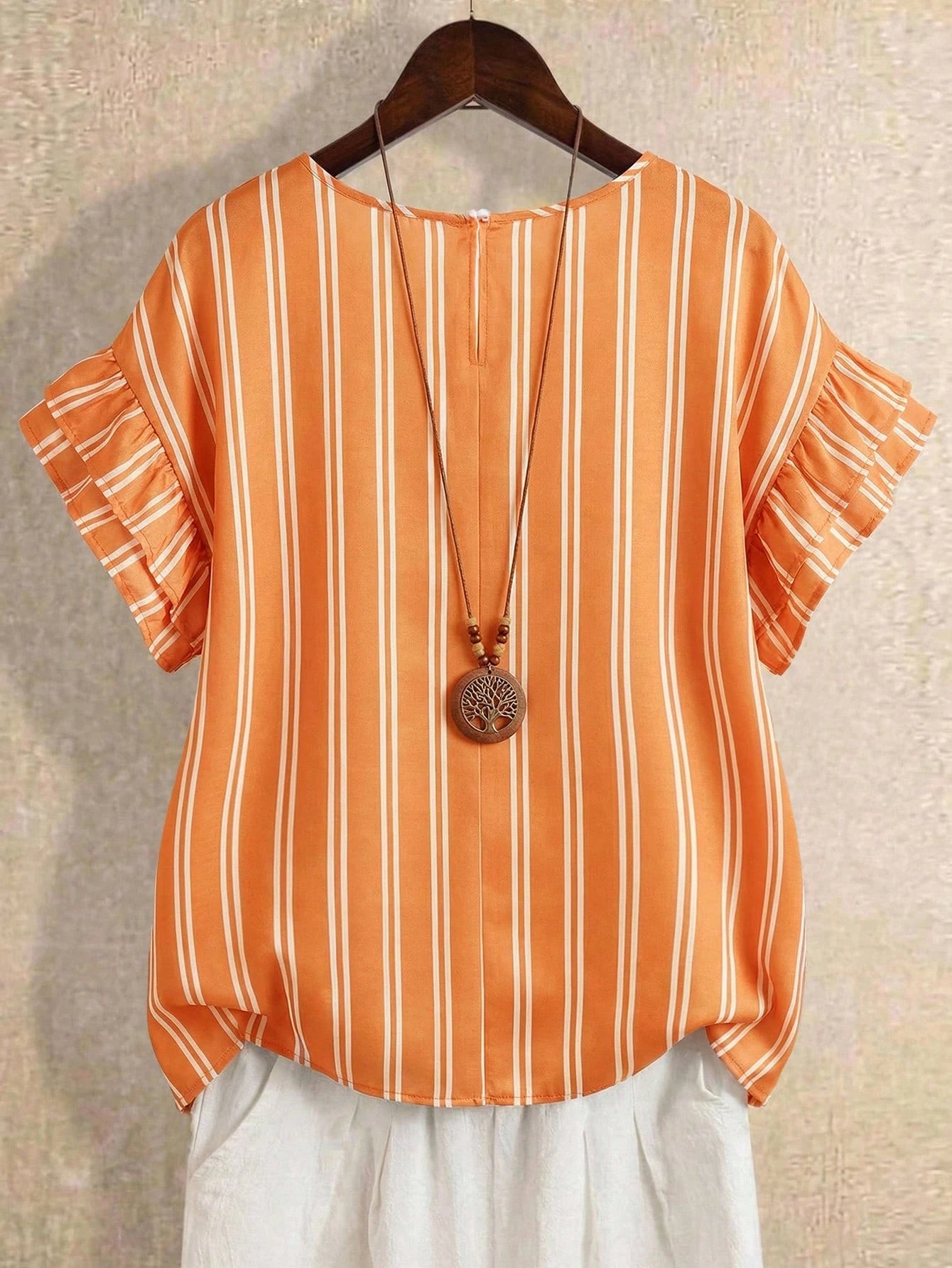 Linhara Women's Summer Striped Round Neck Ruffle Sleeve Retro Casual Blouse, Suitable For Weekend Shopping, Cafe Visits, Commuting To Work, Daily Wear