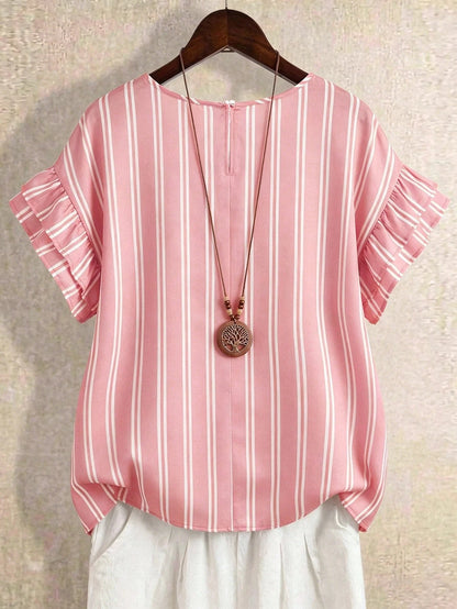 Linhara Women's Summer Striped Round Neck Ruffle Sleeve Retro Casual Blouse, Suitable For Weekend Shopping, Cafe Visits, Commuting, Daily Wear Ruffle Sleeve Blouse Women's Summer Outfits Women's Casua