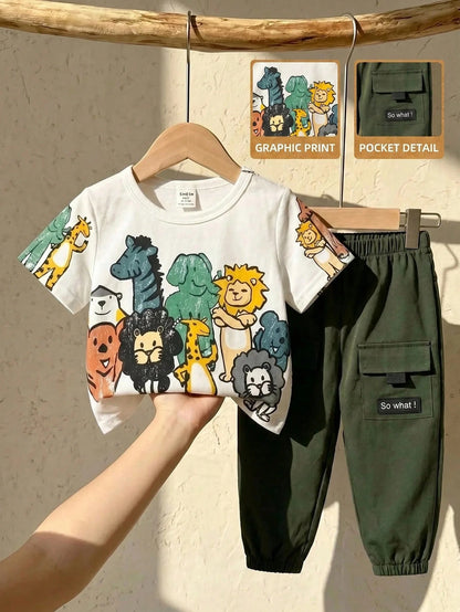 LMoss Kids Baby Boy Baby Girl Cute Casual Cartoon Pattern Loose Short Sleeve T-Shirt Cargo Large Pocket Cuffed Long Pants Set Suitable For Spring Summer Autumn