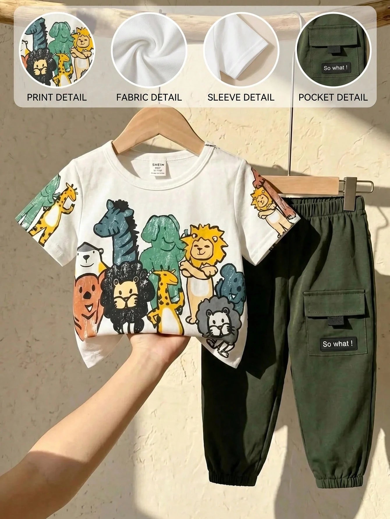 LMoss Kids Baby Boy Baby Girl Cute Casual Cartoon Pattern Loose Short Sleeve T-Shirt Cargo Large Pocket Cuffed Long Pants Set Suitable For Spring Summer Autumn