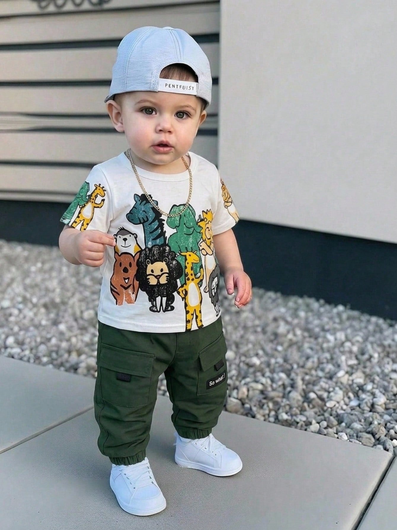 LMoss Kids Baby Boy Baby Girl Cute Casual Cartoon Pattern Loose Short Sleeve T-Shirt Cargo Large Pocket Cuffed Long Pants Set Suitable For Spring Summer Autumn