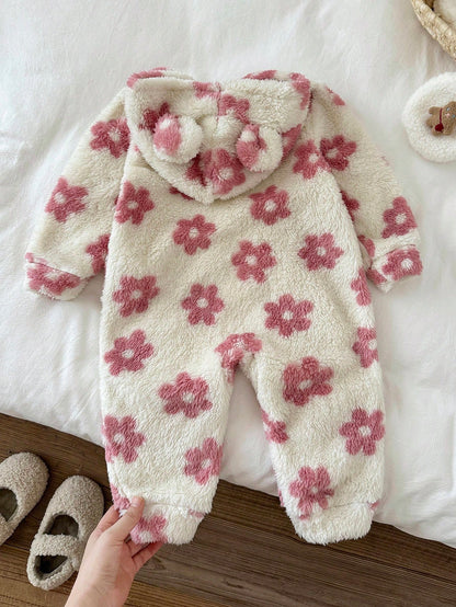 LMoss Kids LMoss Baby Girl Floral Knit Plush Hooded Jumpsuit,Christmas,Styles Comfortable Autumn & Winter,Cozy Autumn And Winter Styles,Cozy Fall & Winter Styles