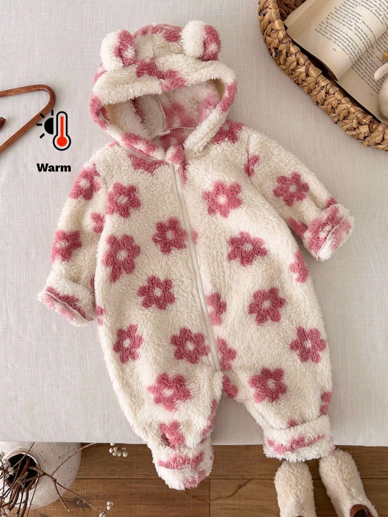 LMoss Kids LMoss Baby Girl Floral Knit Plush Hooded Jumpsuit,Christmas,Styles Comfortable Autumn & Winter,Cozy Autumn And Winter Styles,Cozy Fall & Winter Styles