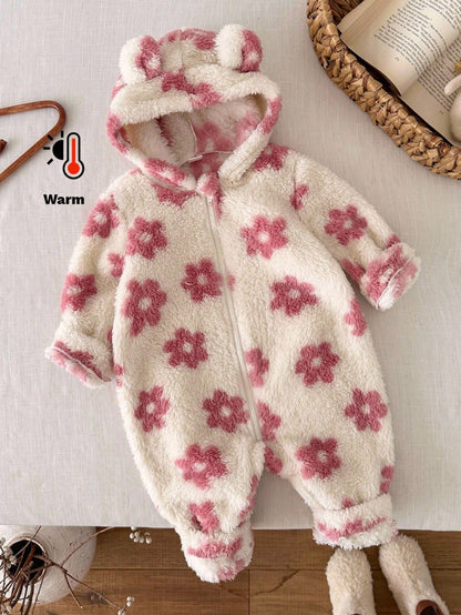 LMoss Kids LMoss Baby Girl Floral Knit Plush Hooded Jumpsuit,Christmas,Styles Comfortable Autumn & Winter,Cozy Autumn And Winter Styles,Cozy Fall & Winter Styles