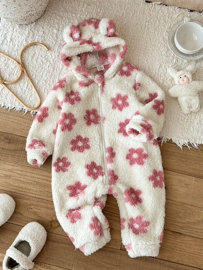 LMoss Kids LMoss Baby Girl Floral Knit Plush Hooded Jumpsuit,Christmas,Styles Comfortable Autumn & Winter,Cozy Autumn And Winter Styles,Cozy Fall & Winter Styles
