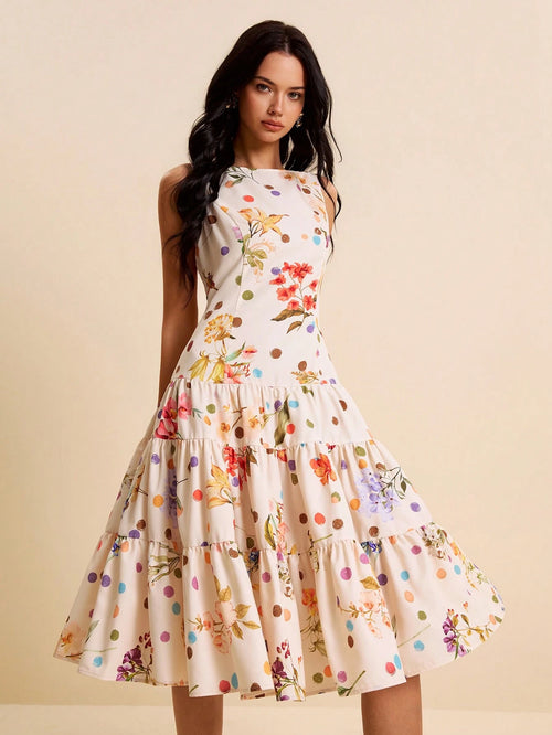 LOTSLUV Women's Spring/Summer Vacation Dress, Beige Floral Polka Dot All-Over Print, Round Neck Sleeveless Fitted Ruched Ruffle Hem Party Day Party Elegant