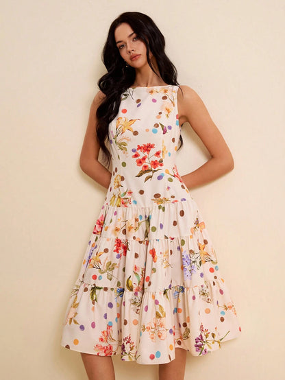 LOTSLUV Women's Spring/Summer Vacation Dress, Beige Floral Polka Dot All-Over Print, Round Neck Sleeveless Fitted Ruched Ruffle Hem Party Day Party Elegant