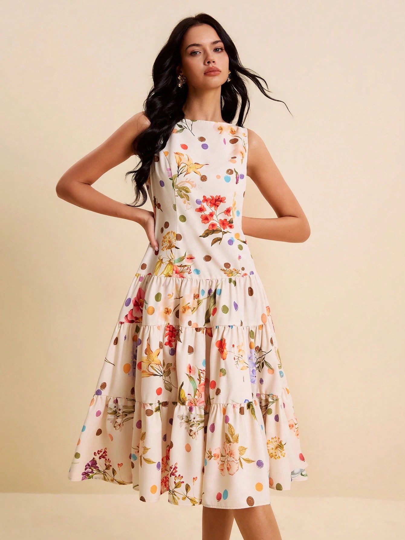 LOTSLUV Women's Spring/Summer Vacation Dress, Beige Floral Polka Dot All-Over Print, Round Neck Sleeveless Fitted Ruched Ruffle Hem Party Day Party Elegant