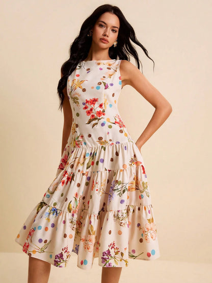 LOTSLUV Women's Spring/Summer Vacation Dress, Beige Floral Polka Dot All-Over Print, Round Neck Sleeveless Fitted Ruched Ruffle Hem Party Day Party Elegant