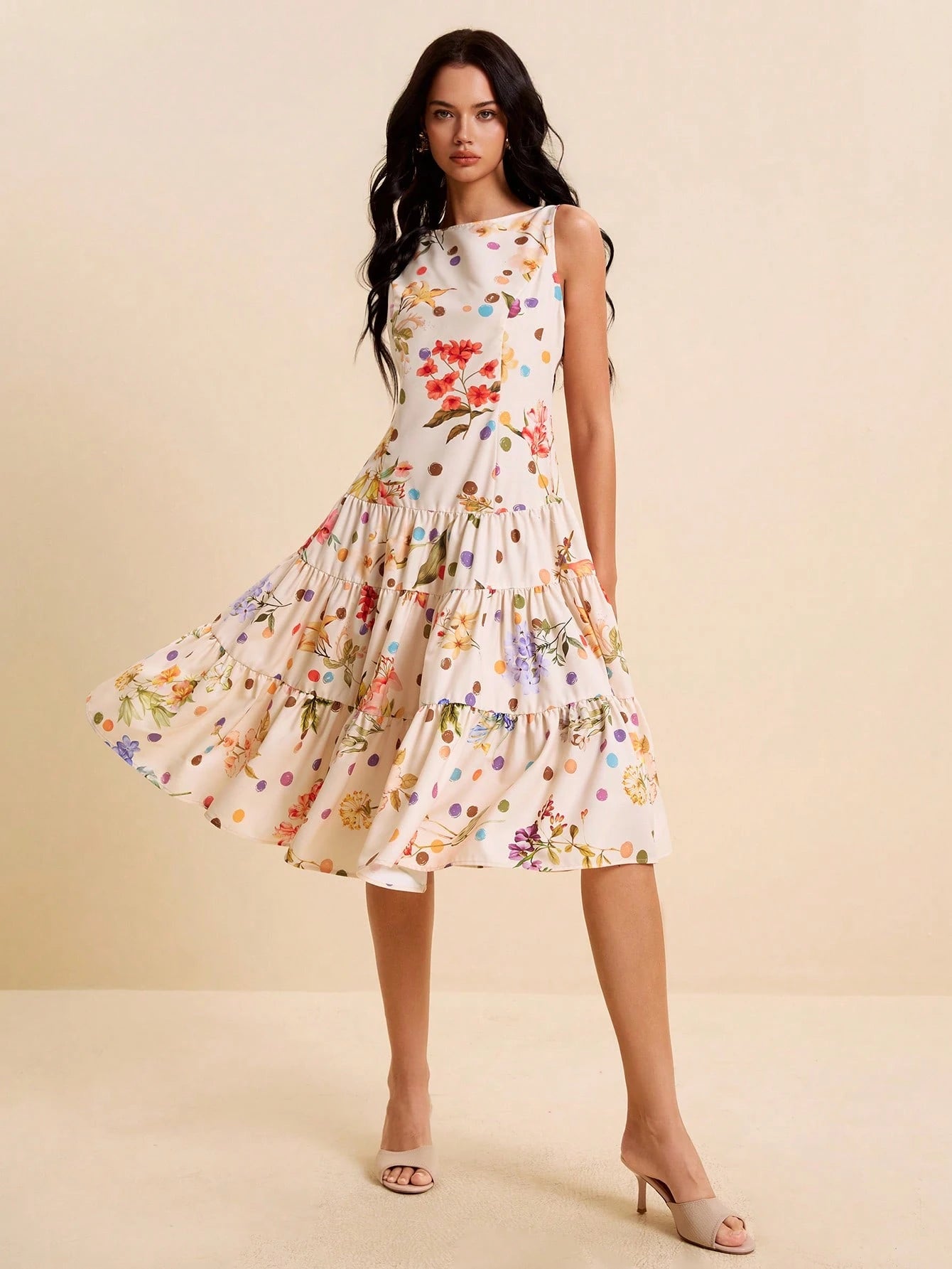LOTSLUV Women's Spring/Summer Vacation Dress, Beige Floral Polka Dot All-Over Print, Round Neck Sleeveless Fitted Ruched Ruffle Hem Party Day Party Elegant
