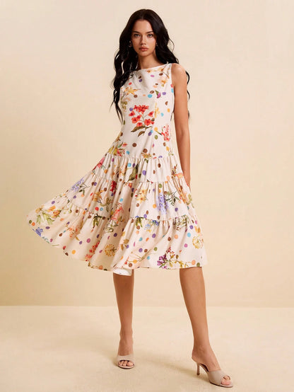 LOTSLUV Women's Spring/Summer Vacation Dress, Beige Floral Polka Dot All-Over Print, Round Neck Sleeveless Fitted Ruched Ruffle Hem Party Day Party Elegant