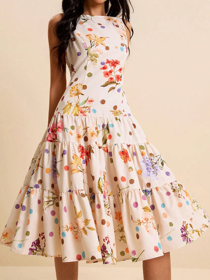 LOTSLUV Women's Spring/Summer Vacation Dress, Beige Floral Polka Dot All-Over Print, Round Neck Sleeveless Fitted Ruched Ruffle Hem Party Day Party Elegant