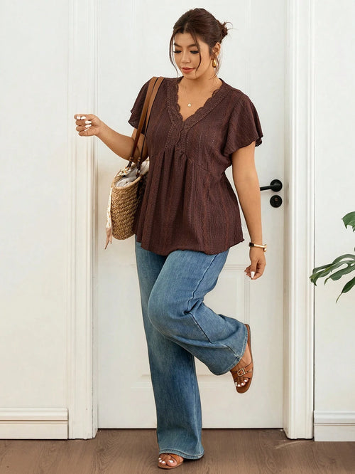 Lounesse Plus Size Tie Dye Floral V-Neck Lace Patchwork Textured T-Shirt For Women Dark Brown Top Blouse Summer Tops