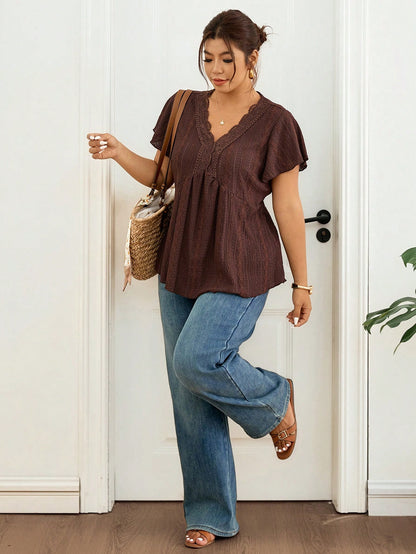 Lounesse Plus Size Tie Dye Floral V-Neck Lace Patchwork Textured T-Shirt For Women Dark Brown Top Blouse Summer Tops