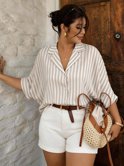 Lounesse Plus Size Women Striped Half Sleeve ShirtShorts Sets Apricot White Autumn 70s Beach Vacation Eleganza Holiday Vacation Outfits Curve